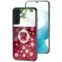 Magic Mirror Series Mirror Phone Case for Samsung Galaxy S22+ 5G, Rotary Ring Kickstand Flower Pattern Hybrid Tempered Glass + PC + TPU Shell - Sakura Rain