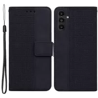 For Samsung Galaxy A13 5G Geometry Imprinting PU Leather + TPU Phone Case Wallet Stand Cover with Hand Strap - Black