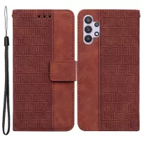 For Samsung Galaxy A32 5G/M32 5G Geometry Imprinted Shokcproof Phone Case PU Leather Wallet Cover with Foldable Stand - Brown