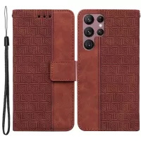 For Samsung Galaxy S22 Ultra 5G Geometry Imprinted Stand Phone Case PU Leather + TPU All-round Protection Wallet Cover - Brown