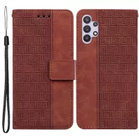 For Samsung Galaxy A32 4G (EU Version) Geometry Imprinted Stand Phone Cover PU Leather Wallet Flip Case - Brown