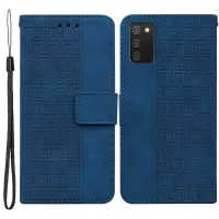 For Samsung Galaxy A03s (166.5 x 75.98 x 9.14mm) Scratch Resistant Geometry Imprinted Wallet Case Stand PU Leather Folio Flip Phone Cover - Blue