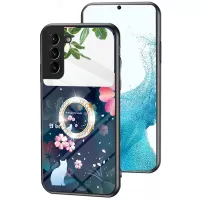 Magic Mirror Series for Samsung Galaxy S22 5G Flower Pattern Mirror Phone Cover TPU Frame Tempered Glass + PC Back Case with Ring Kickstand - Sakura Cat