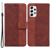 For Samsung Galaxy A53 5G PU Leather Phone Case Imprinting Geometry Wallet Stand Cover with Hand Strap - Brown