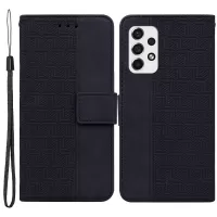 For Samsung Galaxy A33 5G Imprinting Geometry Leather Case Shockproof Wallet Stand Phone Shell with Hand Strap - Black