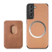For Samsung Galaxy S21+ 5G Carbon Fiber Texture PU Leather + TPU + PVC Phone Case Cover with Detachable Magnetic Card Holder - Brown