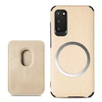 For Samsung Galaxy S20 4G/5G Smartphone Cover PU Leather Coated TPU + PVC Detachable Card Holder Carbon Fiber Texture Phone Case - Khaki