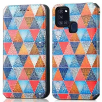 CASENEO 001 Series Pattern Printing Leather Case for Samsung Galaxy A21s, RFID Blocking Wallet Flip Folio Stand Auto Magnetic Closed Phone Cover - Rhombus/Mandala