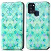 CASENEO 001 Series Pattern Printing Leather Case for Samsung Galaxy A21s, RFID Blocking Wallet Flip Folio Stand Auto Magnetic Closed Phone Cover - Emerald
