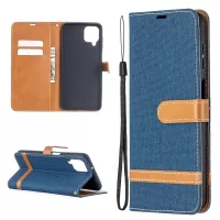 Case for Samsung Galaxy A12 Color Splicing Jeans Cloth Skin Wallet Leather Phone Cover - Dark Blue