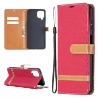 Case for Samsung Galaxy A12 Color Splicing Jeans Cloth Skin Wallet Leather Phone Cover - Red