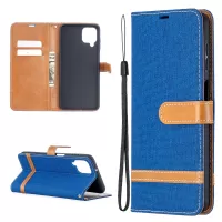 Case for Samsung Galaxy A12 Color Splicing Jeans Cloth Skin Wallet Leather Phone Cover - Baby Blue