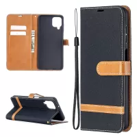 Case for Samsung Galaxy A12 Color Splicing Jeans Cloth Skin Wallet Leather Phone Cover - Black