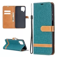 Case for Samsung Galaxy A12 Color Splicing Jeans Cloth Skin Wallet Leather Phone Cover - Green