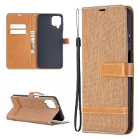 Case for Samsung Galaxy A12 Color Splicing Jeans Cloth Skin Wallet Leather Phone Cover - Brown