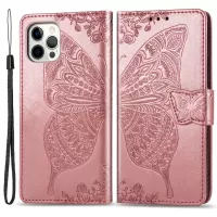 For iPhone 12 Pro Max 6.7 inch PU Leather Book Wallet Case Imprinted Butterfly Flower Pattern Magnetic Closure Stand Cover with Strap - Rose Gold