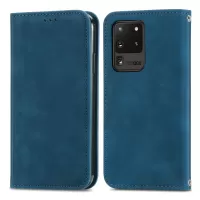 For Samsung Galaxy S20 Ultra Card Slots Retro Skin-touch Feeling Case Auto-absorbed Magnetic Stand Function PU Leather Shell - Blue