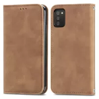 For Samsung Galaxy A02s (166.5x75.9x9.2mm) PU Leather + TPU Ani-drop Retro Skin-touch Feeling Case Stand Card Slots Auto-absorbed Magnetic Shell - Brown