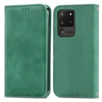 For Samsung Galaxy S20 Ultra Card Slots Retro Skin-touch Feeling Case Auto-absorbed Magnetic Stand Function PU Leather Shell - Green