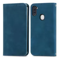 For Samsung Galaxy A11 (EU Version) / Galaxy M11 Vintage PU Leather Book Stand Case Skin-Touch Feeling Hidden Magnetic Adsorption Flip Cover with Card Holder - Blue