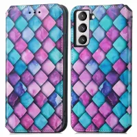 CASENEO 001 Series Pattern Printing Leather Case for Samsung Galaxy S21 FE 5G / Galaxy S21 Fan Edition, RFID Blocking Wallet Design Magnetic Absorption Stand Folio Cover - Purple Scale