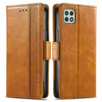 CASENEO 002 Series for Samsung Galaxy A22 5G (EU Version) Wallet Function Splicing PU Leather Case Magnetic Closure Flip Adjustable Stand Business Cover - Light Brown