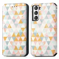 CASENEO 001 Series Pattern Printing Leather Case for Samsung Galaxy S21 FE 5G / Galaxy S21 Fan Edition, RFID Blocking Wallet Design Magnetic Absorption Stand Folio Cover - Nordic Style Rhombus