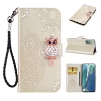 Rhinestone Decor Imprint Owl Flower Leather Wallet Stand Case for Samsung Galaxy Note20 4G/5G - Gold