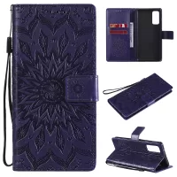 For Samsung Galaxy S20 FE/S20 Fan Edition/S20 FE 5G/S20 Fan Edition 5G/S20 Lite KT Imprinting Flower Series-1 Imprint Sunflower Pattern PU Leather Phone Cover Shell with Wallet and Stand - Purple