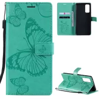 For Samsung Galaxy S20 FE/S20 Fan Edition/S20 FE 5G/S20 Fan Edition 5G/S20 Lite KT Imprinting Flower Series-2 Butterfly Pattern Imprinting Leather Wallet Phone Cover Case - Cyan