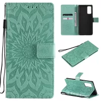 For Samsung Galaxy S20 FE/S20 Fan Edition/S20 FE 5G/S20 Fan Edition 5G/S20 Lite KT Imprinting Flower Series-1 Imprint Sunflower Pattern PU Leather Phone Cover Shell with Wallet and Stand - Cyan
