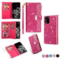 Glittery Starry Style Laser Carving Zipper Leather Case for Samsung Galaxy Note20 Ultra/Note20 Ultra 5G- Rose