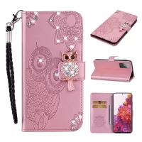 For Samsung Galaxy S20 FE/S20 Fan Edition/S20 FE 5G/S20 Fan Edition 5G/S20 Lite Rhinestone Decoration Imprint Owl Leather Shell Wallet Stand Phone Cover - Rose Gold