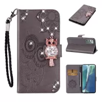Rhinestone Decor Imprint Owl Flower Leather Wallet Stand Case for Samsung Galaxy Note20 4G/5G - Grey