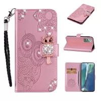 Rhinestone Decor Imprint Owl Flower Leather Wallet Stand Case for Samsung Galaxy Note20 4G/5G - Rose Gold