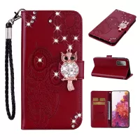 For Samsung Galaxy S20 FE/S20 Fan Edition/S20 FE 5G/S20 Fan Edition 5G/S20 Lite Rhinestone Decoration Imprint Owl Leather Shell Wallet Stand Phone Cover - Red