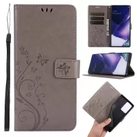 Butterfly Flower Imprinting TPU + PU Leather Wallet Stand Cover Case for Samsung Galaxy Note20 Ultra/Note20 Ultra 5G - Grey