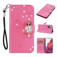 For Samsung Galaxy S20 FE/S20 Fan Edition/S20 FE 5G/S20 Fan Edition 5G/S20 Lite Rhinestone Decoration Imprint Owl Leather Shell Wallet Stand Phone Cover - Pink
