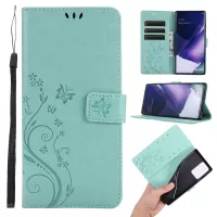 Butterfly Flower Imprinting TPU + PU Leather Wallet Stand Cover Case for Samsung Galaxy Note20 Ultra/Note20 Ultra 5G - Cyan