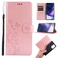 Butterfly Flower Imprinting TPU + PU Leather Wallet Stand Cover Case for Samsung Galaxy Note20 Ultra/Note20 Ultra 5G - Rose Gold