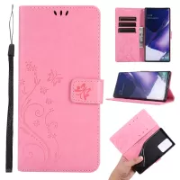 Butterfly Flower Imprinting TPU + PU Leather Wallet Stand Cover Case for Samsung Galaxy Note20 Ultra/Note20 Ultra 5G - Pink