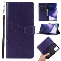 Butterfly Flower Imprinting TPU + PU Leather Wallet Stand Cover Case for Samsung Galaxy Note20 Ultra/Note20 Ultra 5G - Dark Purple