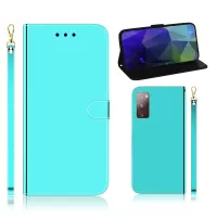 Leather Wallet Stand Case Mirror-like Surface with Wrist Strap for Samsung Galaxy S20 FE/S20 Fan Edition/S20 FE 5G/S20 Fan Edition 5G/S20 Lite/S20 Lite - Cyan