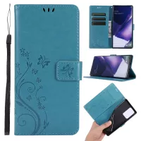 Butterfly Flower Imprinting TPU + PU Leather Wallet Stand Cover Case for Samsung Galaxy Note20 Ultra/Note20 Ultra 5G - Blue