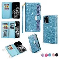 Glittery Starry Style Laser Carving Zipper Leather Case for Samsung Galaxy Note20 Ultra/Note20 Ultra 5G- Blue
