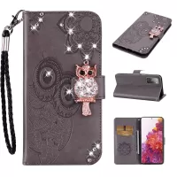 For Samsung Galaxy S20 FE/S20 Fan Edition/S20 FE 5G/S20 Fan Edition 5G/S20 Lite Rhinestone Decoration Imprint Owl Leather Shell Wallet Stand Phone Cover - Grey