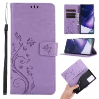 Butterfly Flower Imprinting TPU + PU Leather Wallet Stand Cover Case for Samsung Galaxy Note20 Ultra/Note20 Ultra 5G - Light Purple