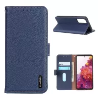 Litchi Grain Top Layer Genuine Leather Wallet Phone Case for Samsung Galaxy S20 FE/Fan Edition/S20 FE 5G/Fan Edition 5G/S20 Lite - Blue