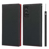 Litchi Texture Stand Genuine Leather Case with Strap for Samsung Galaxy S20 FE/S20 FE 5G/S20 Lite - Black
