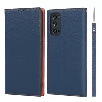 Litchi Texture Stand Genuine Leather Case with Strap for Samsung Galaxy S20 FE/S20 FE 5G/S20 Lite - Dark Blue